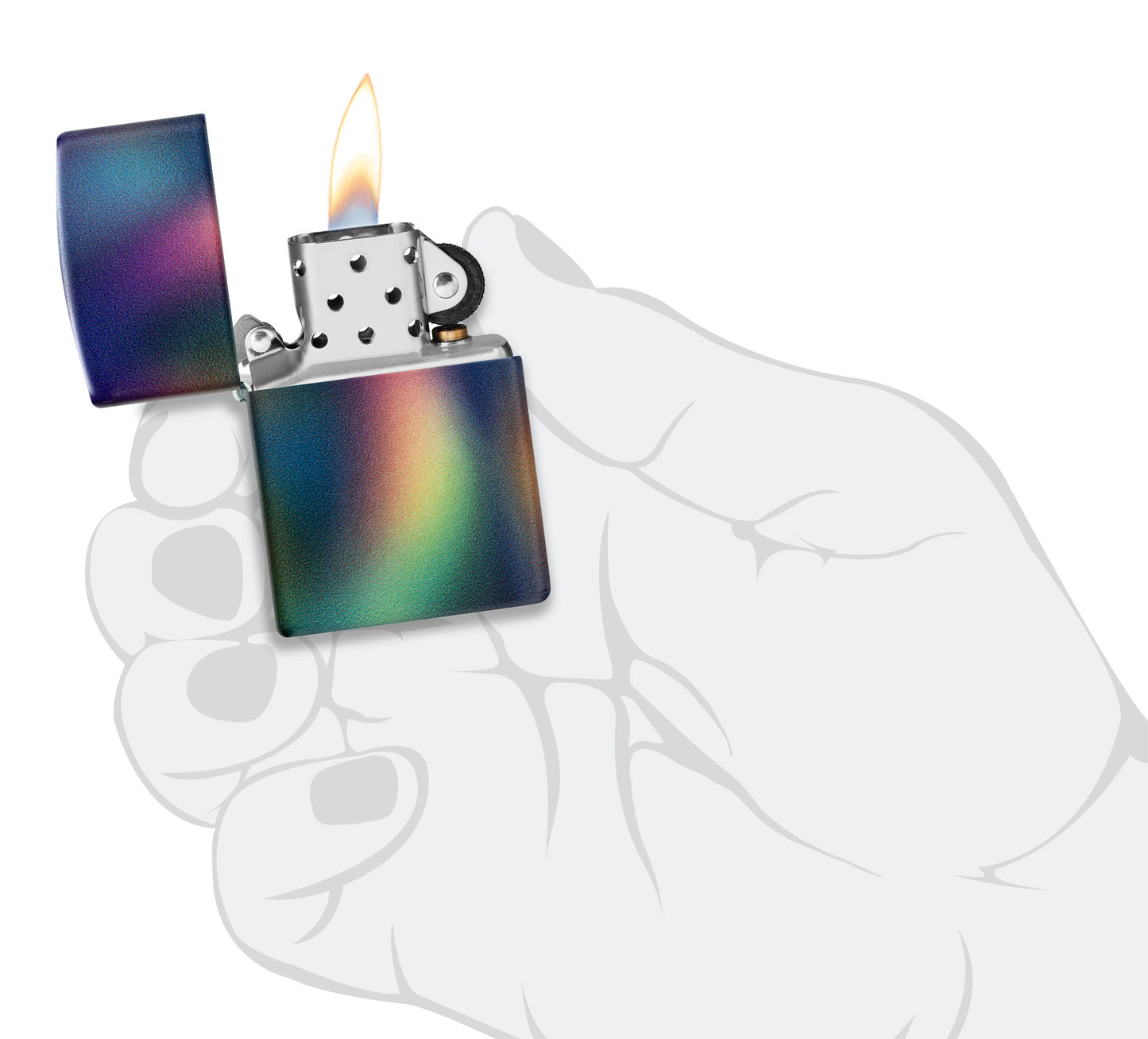 Zippo Prismatic Design 540 Matte Windproof Lighter lit in hand.