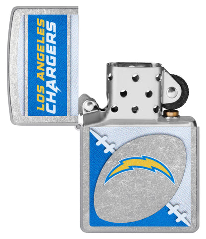 Zippo NFL Los Angeles Chargers Street Chrome Windproof Lighter with its lid open and unlit.