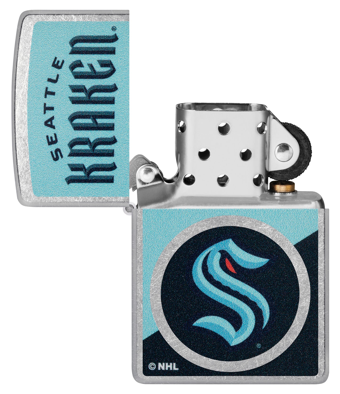 Zippo NHL® Seattle Kraken® 2024 Street Chrome™ Windproof Lighter lit in hand.