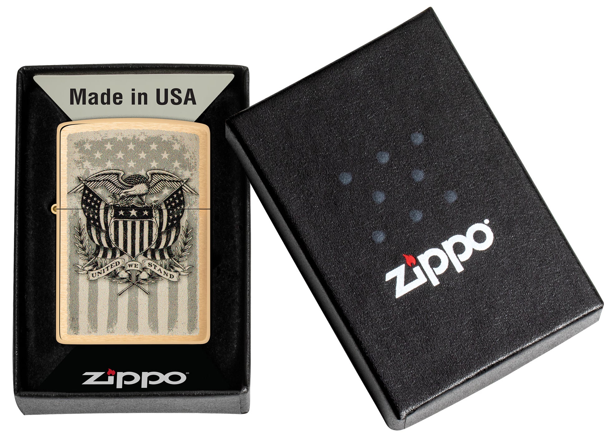 Zippo American Crest Design Brass Brushed Windproof Lighter in its packaging.