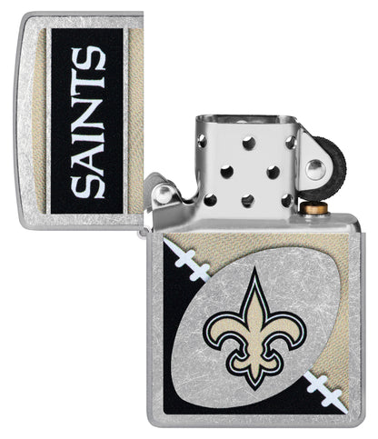 Zippo NFL New Orleans Saints Street Chrome Windproof Lighter with its lid open and unlit.