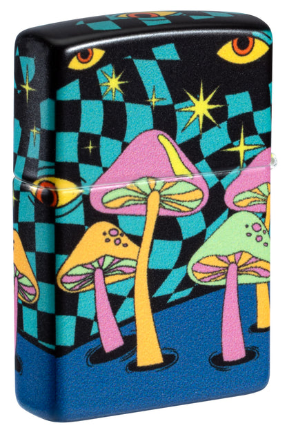 Back shot of Zippo Mushroom Party Design Glow in the Dark Windproof Lighter standing at a 3/4 angle.