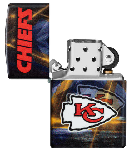 Zippo NFL Kansas City Chiefs 540 Matte Windproof Lighter with its lid open and unlit.