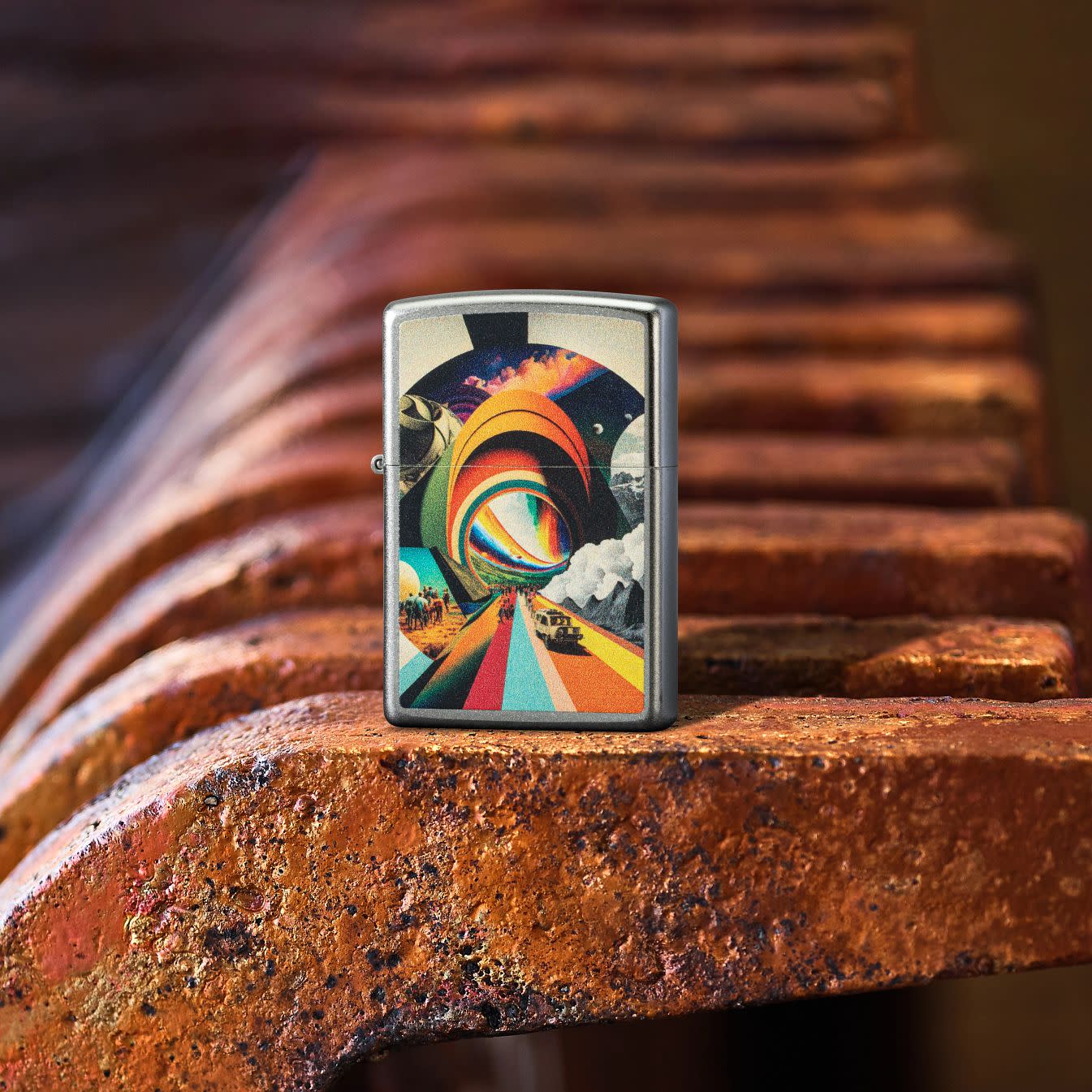 Lifestyle image of Zippo Trippy Travel Design Satin Chrome Windproof Lighter standing on farm equipment.