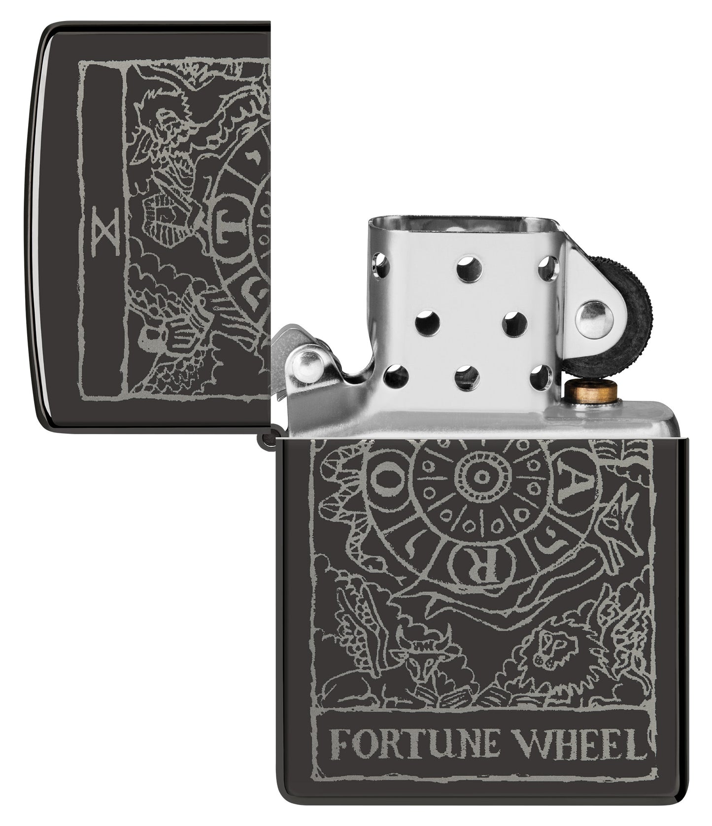 Zippo Wheel of Fortune Design High Polish Black Windproof Lighter with the lid open and unlit.