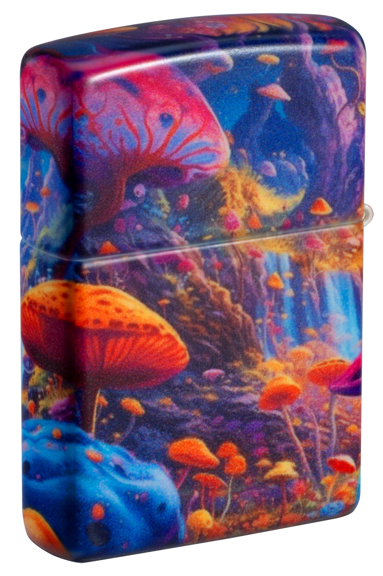 Back shot of Zippo Mushroom Forest Design 540 Matte Windproof Lighter standing at a 3/4 angle.