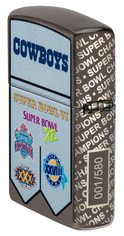 Angled shot of Zippo NFL Dallas Cowboys Super Bowl Commemorative Armor Black Ice Windproof Lighter showing the back and hinge side of the lighter.