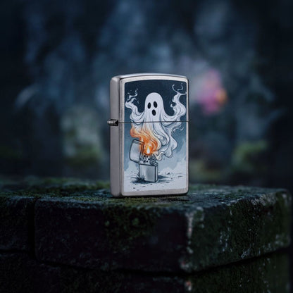 Lifestyle image of Zippo Spooky Spark Design Street Chrome Windproof Lighter standing on a weathered concrete structure ledge showing the front and hinge side of the lighter with an out of focus dark eerie background. 

