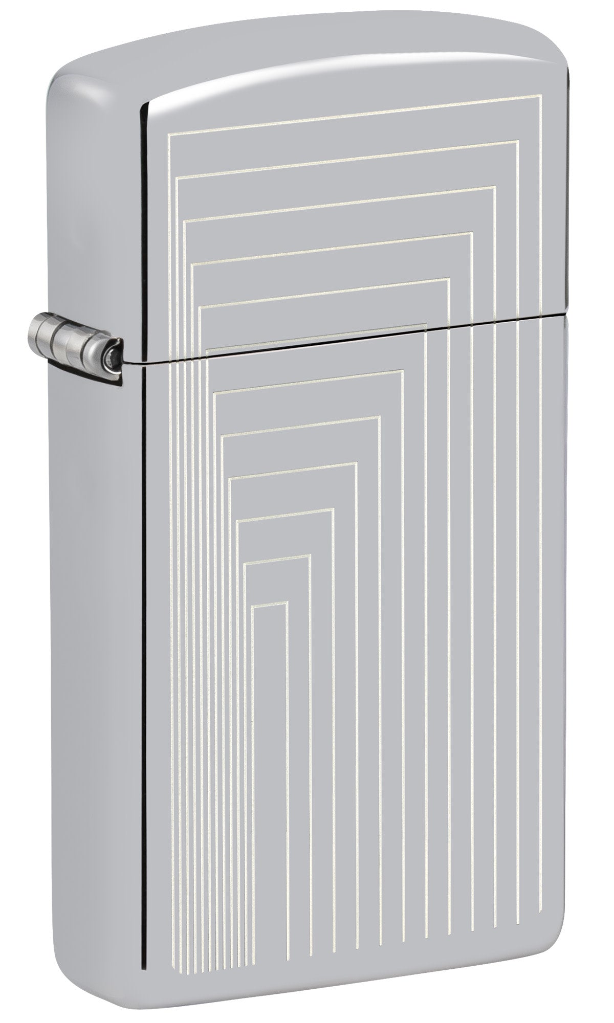 Front shot of Zippo Slim® Laser Pattern Design High Polish Chrome Windproof Lighter standing at a 3/4 angle.