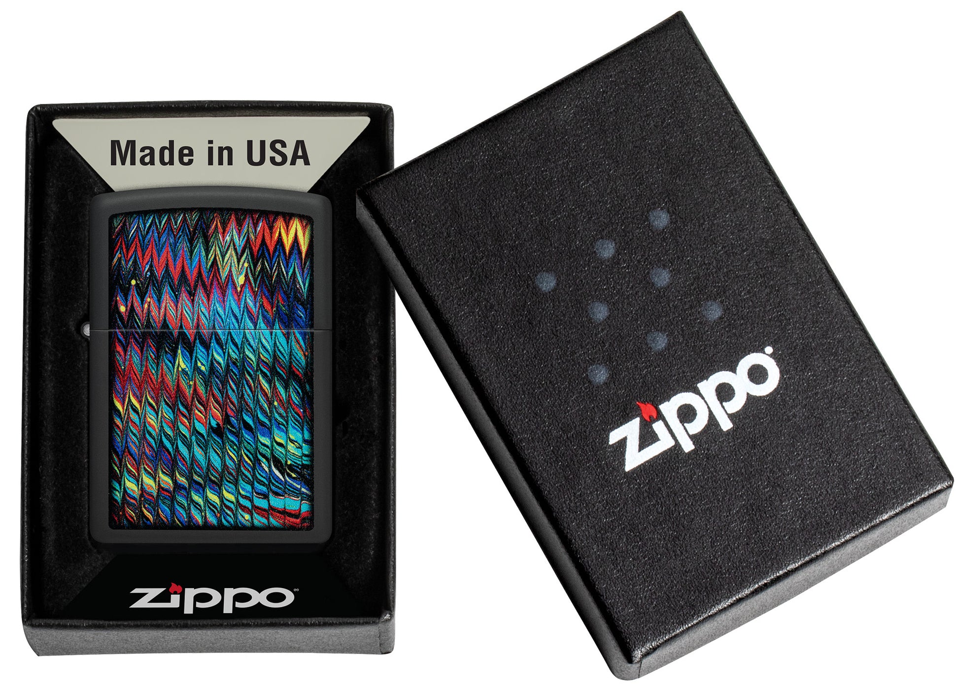 Zippo Paint Pour Design Black Matte Windproof Lighter in its packaging.