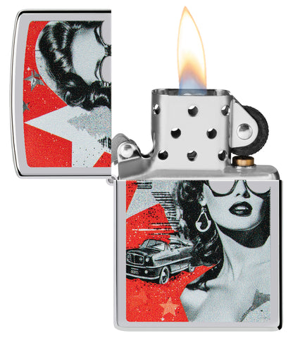 Zippo Glam Glasses Design High Polish Chrome Windproof Lighter with its lid open and lit.