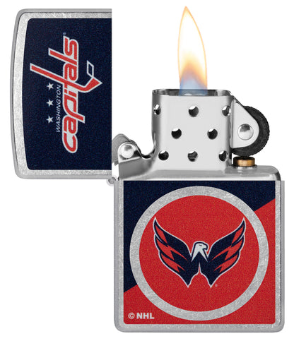 Zippo NHL® Washington Capitals® 2024 Street Chrome™ Windproof Lighter with its lid open and unlit.