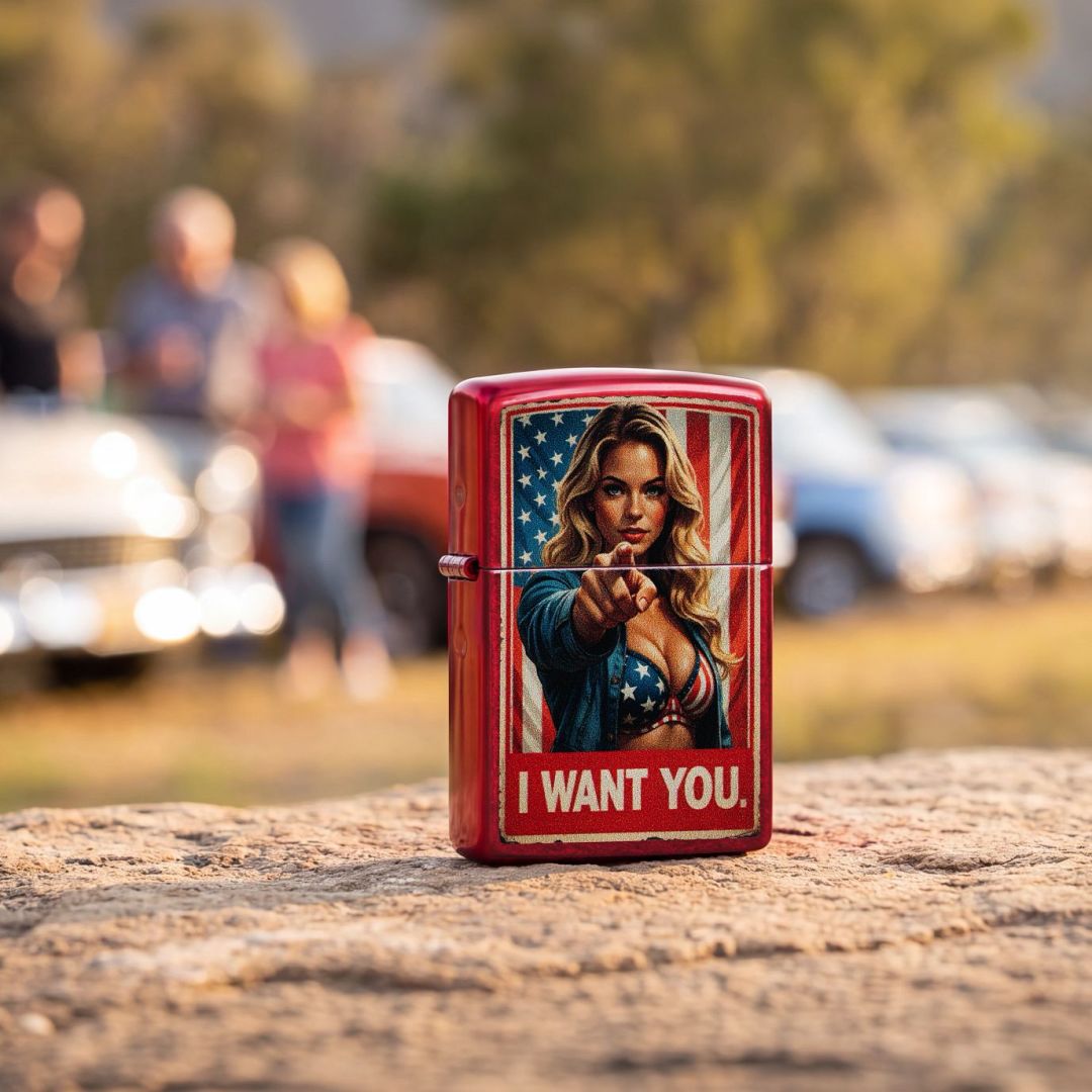 Lifestyle image of Zippo I Want You Design Candy Apple Red Windproof Lighter standing on a rock showing the front and hinge side of the lighter with an out of focus outdoor background with vehicles and people.

