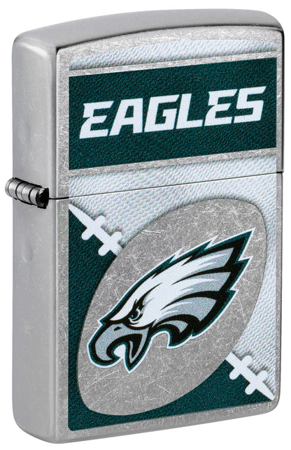 Front shot of Zippo NFL Philadelphia Eagles Street Chrome Windproof Lighter standing at a 3/4 angle.