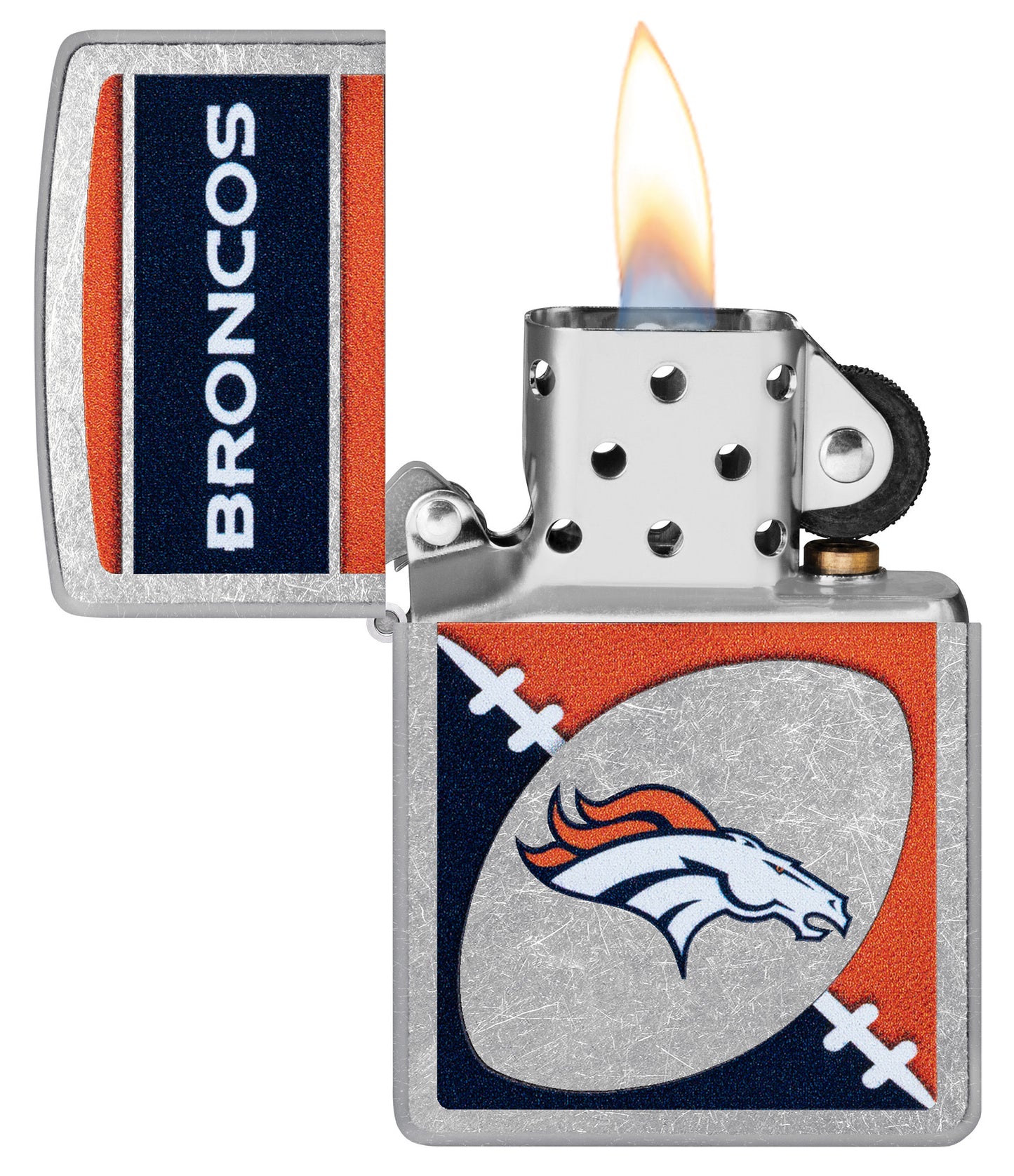 Zippo NFL Denver Broncos Street Chrome Windproof Lighter with its lid open and lit.