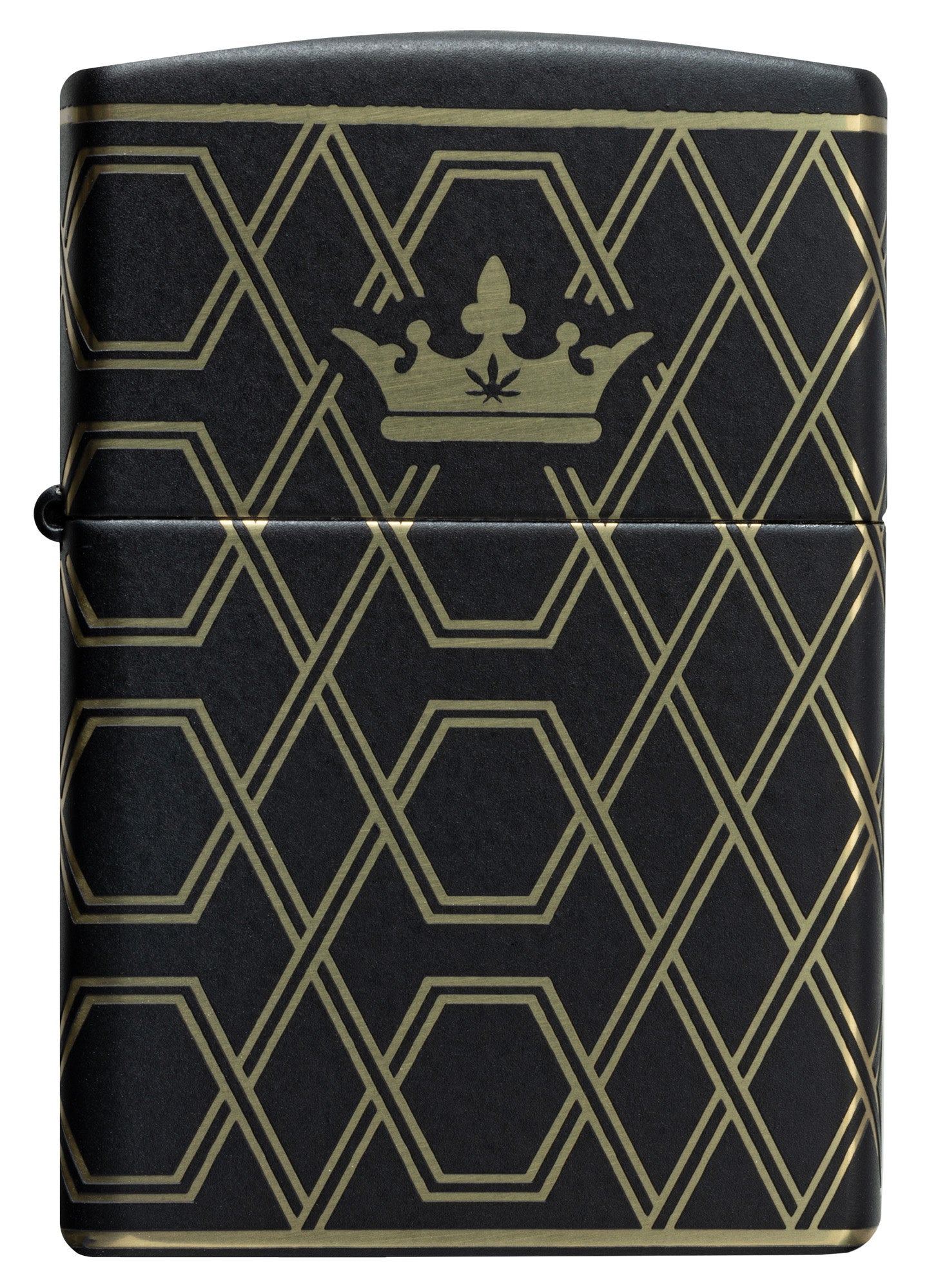 Front view of Zippo Queen Of Bud Geometric Design Black Matte Windproof Lighter.