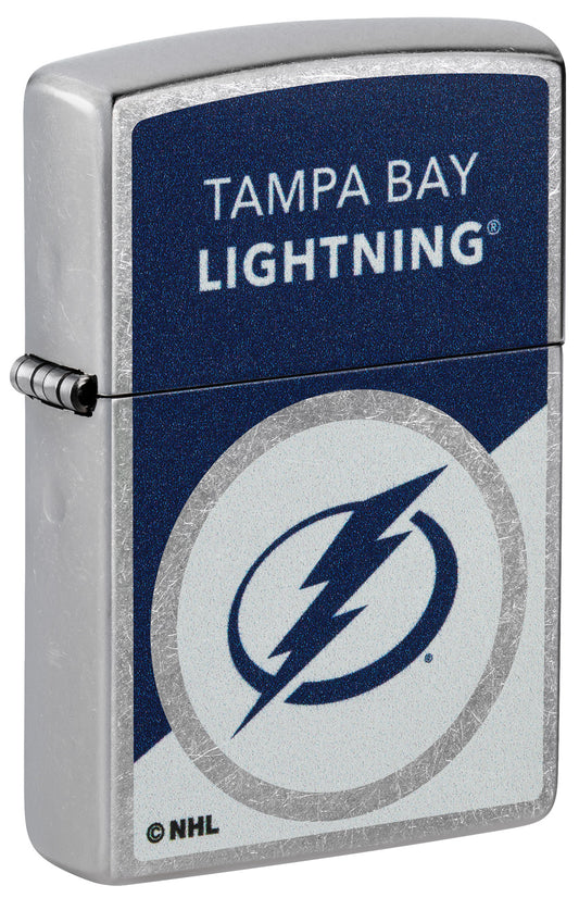 Front shot of Zippo NHL® Tampa Bay Lightning® 2024 Street Chrome™ Windproof Lighter standing at a 3/4 angle.