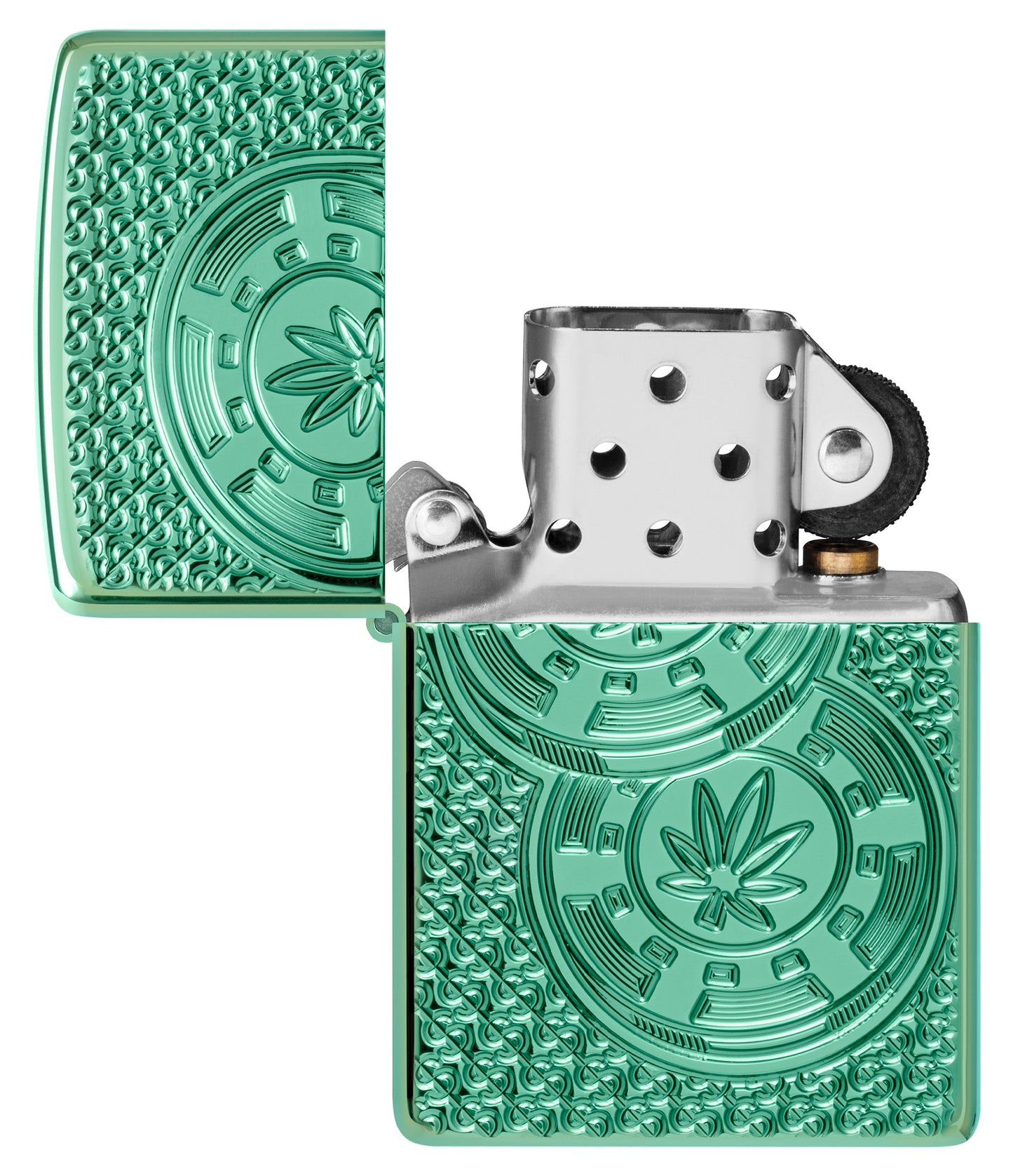 Zippo Cannabis Chips Design Armor High Polish Green Windproof Lighter with its lid open and unlit.