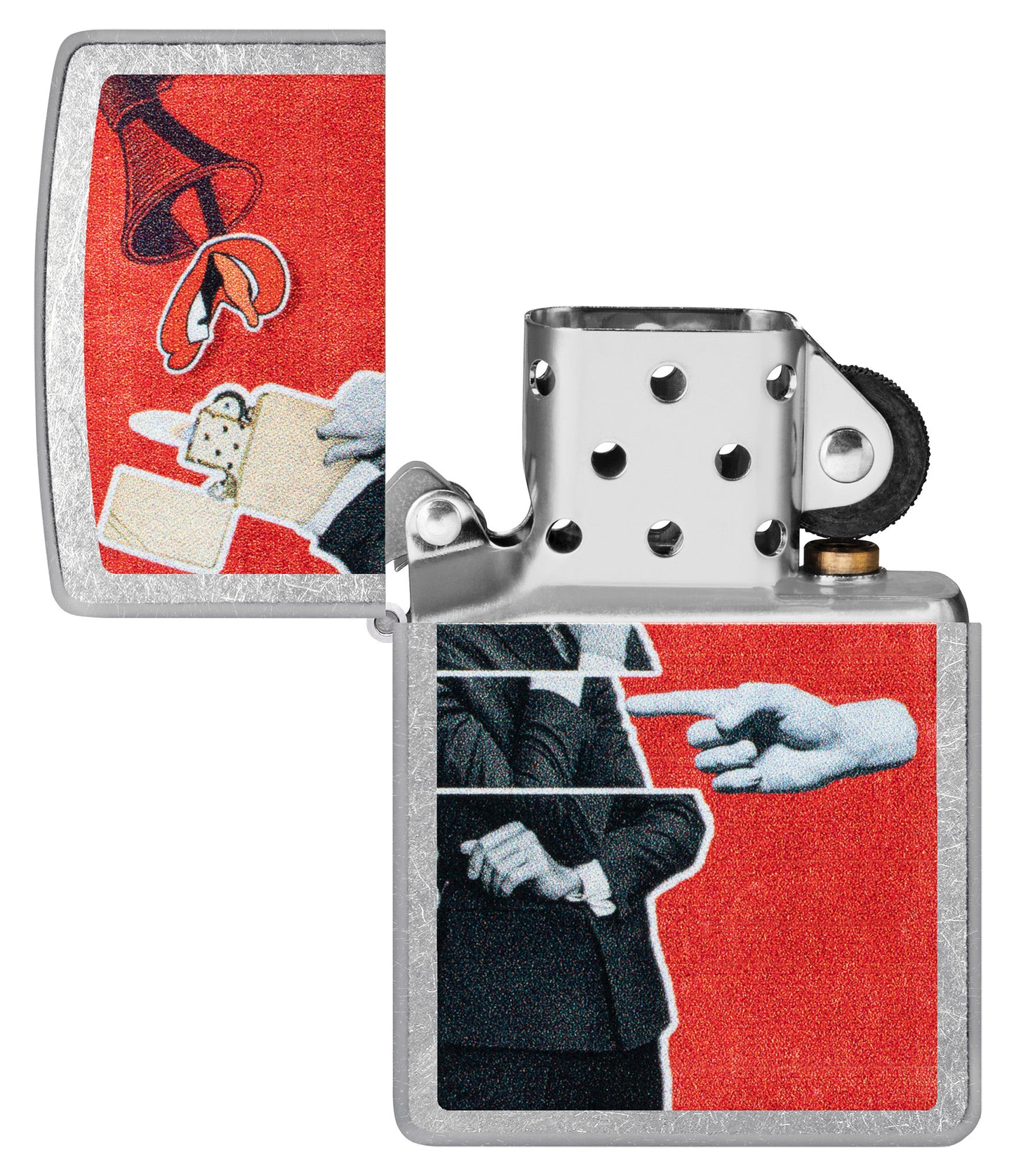 Zippo Collage Design Street Chrome Windproof Lighter with its lid open and unlit.