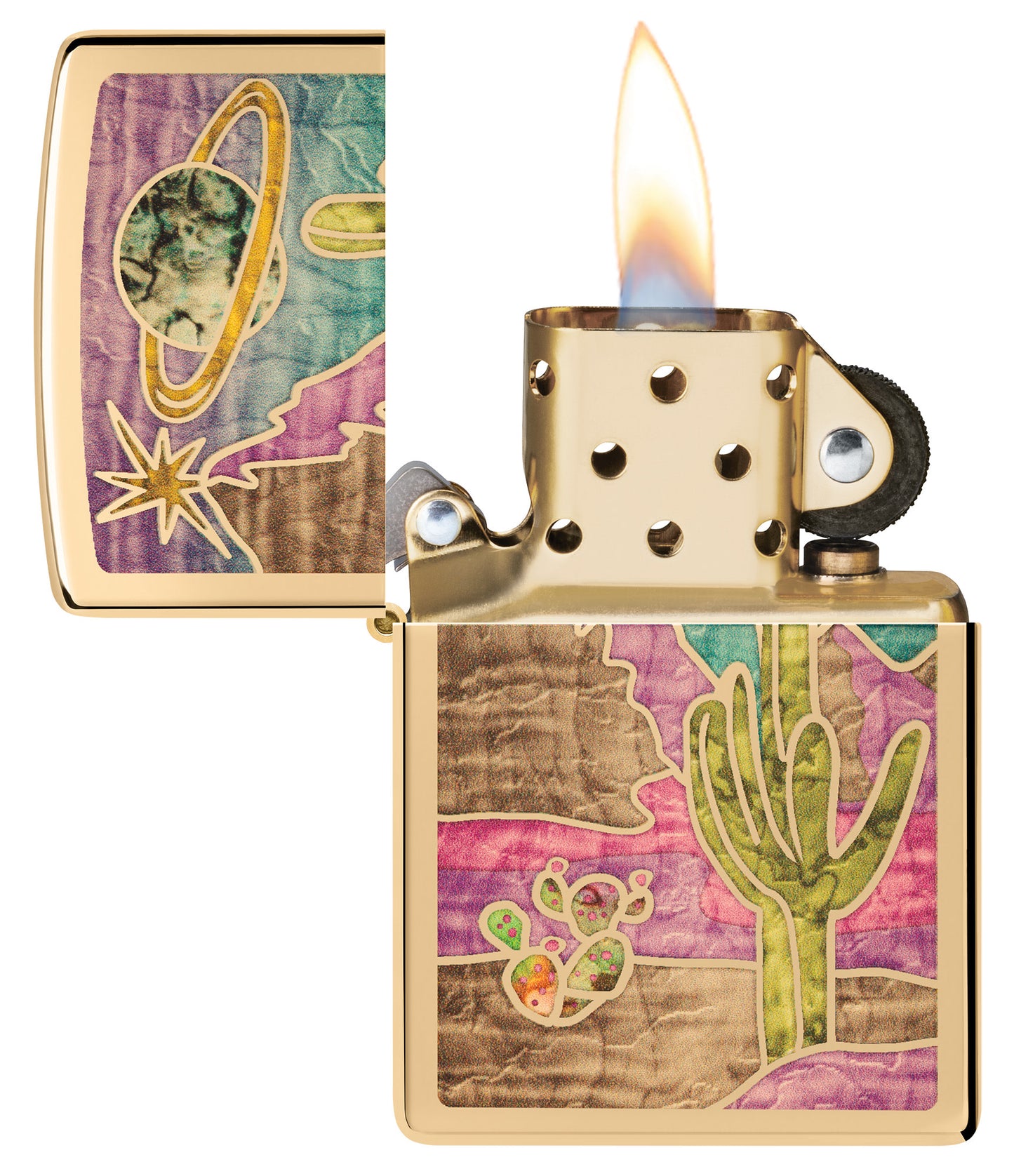 Zippo Funky Western Fusion Polish Brass Windproof Lighter with its lid open and lit.