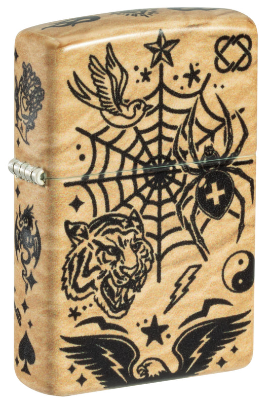 Front view of Zippo Flash Tattoo 540 Matte Windproof Lighter standing at a 3/4 angle.