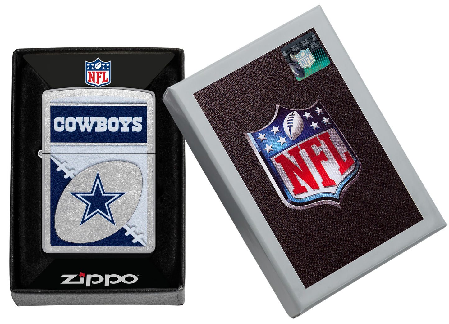 Zippo NFL Dallas Cowboys Street Chrome Windproof Lighter in its packaging.