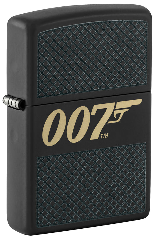 Front shot of Zippo James Bond 007â„¢ Design Black Matte Windproof Lighter standing at a 3/4 angle.