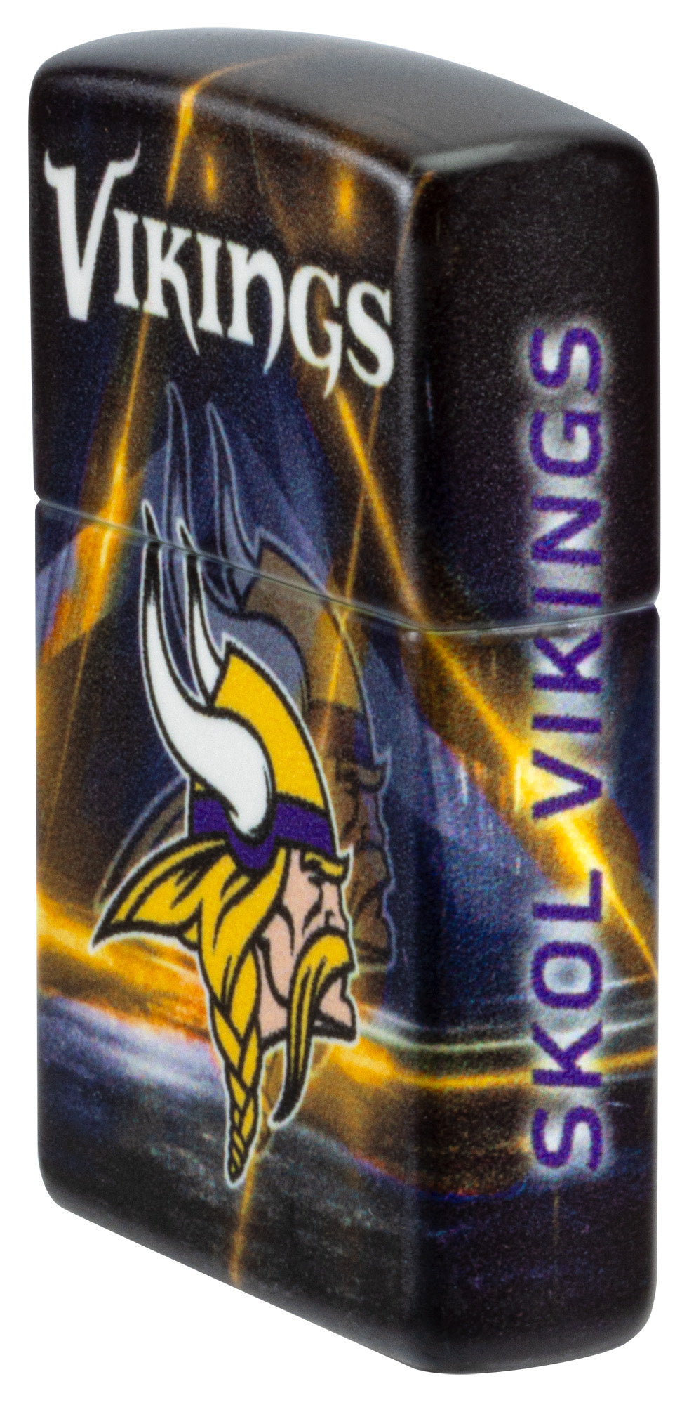 Angled shot of Zippo NFL Minnesota Vikings 540 Matte Windproof Lighter showing the front and right sides of the lighter.