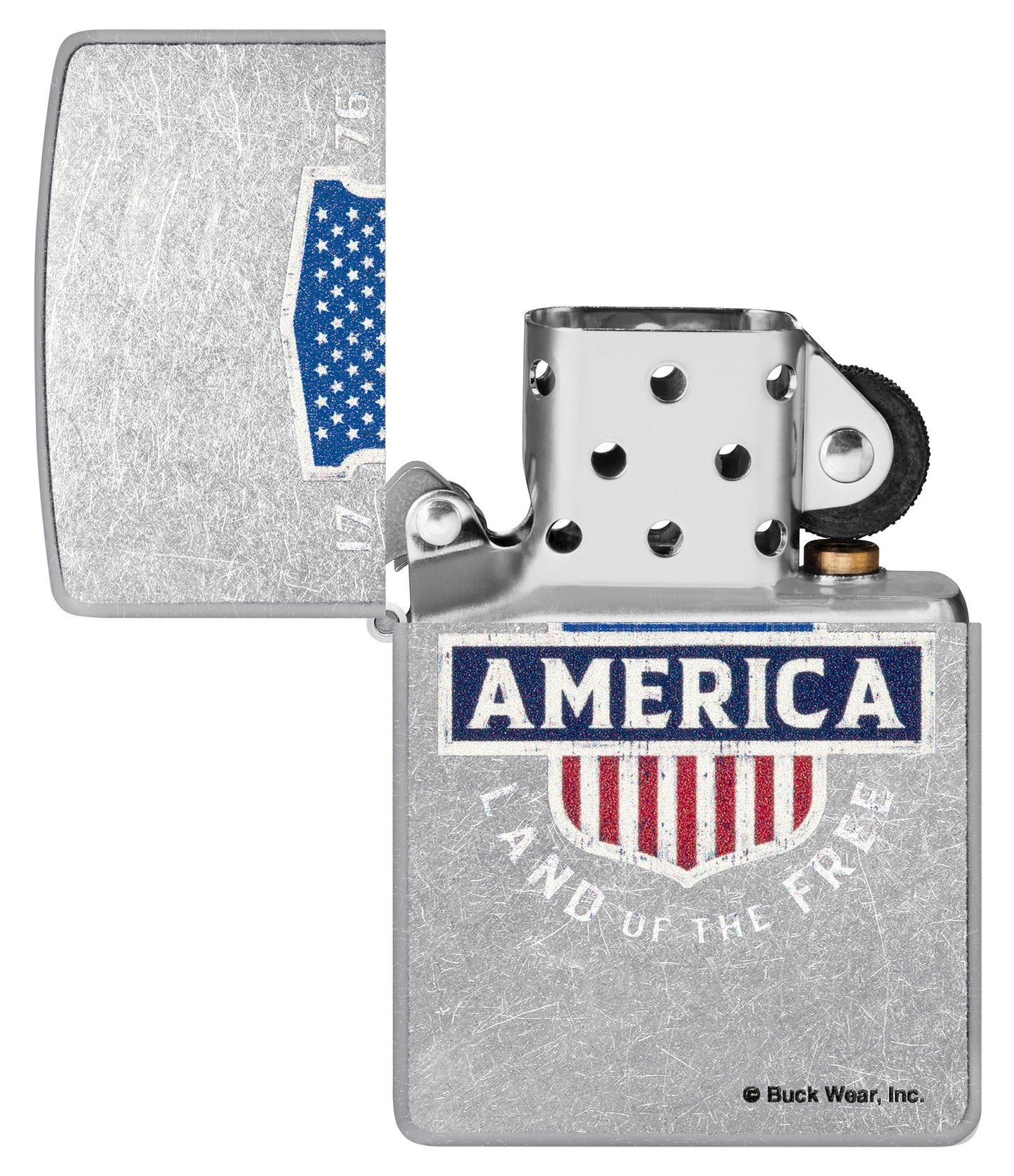 Zippo Buck Wear Street Chrome Windproof Lighter with its lid open and unlit.