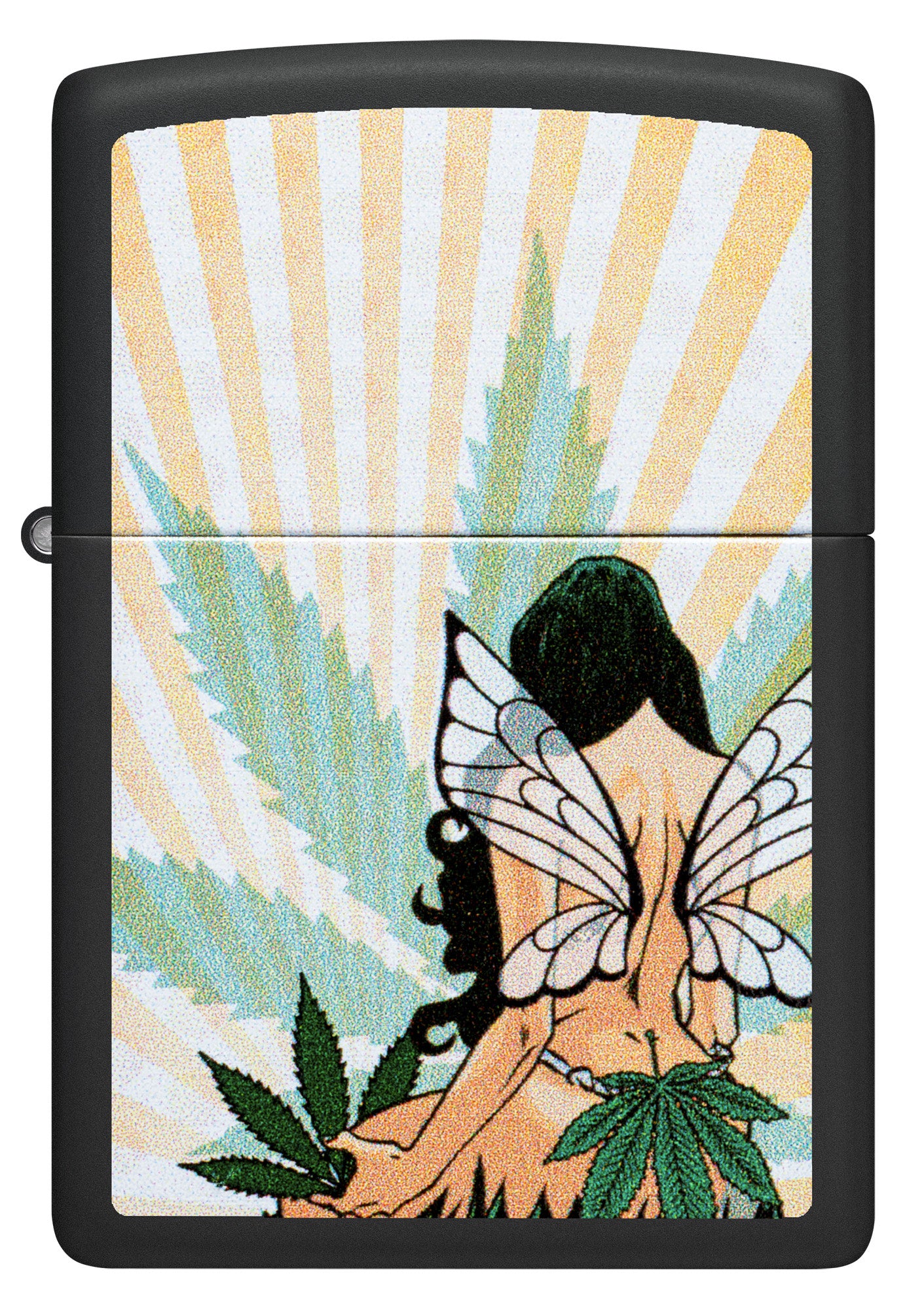 Front view of Zippo Cannabis Fairy Design Black Matte Windproof Lighter.