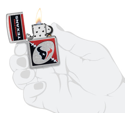 Zippo NFL Houston Texans Street Chrome Windproof Lighter lit in hand.