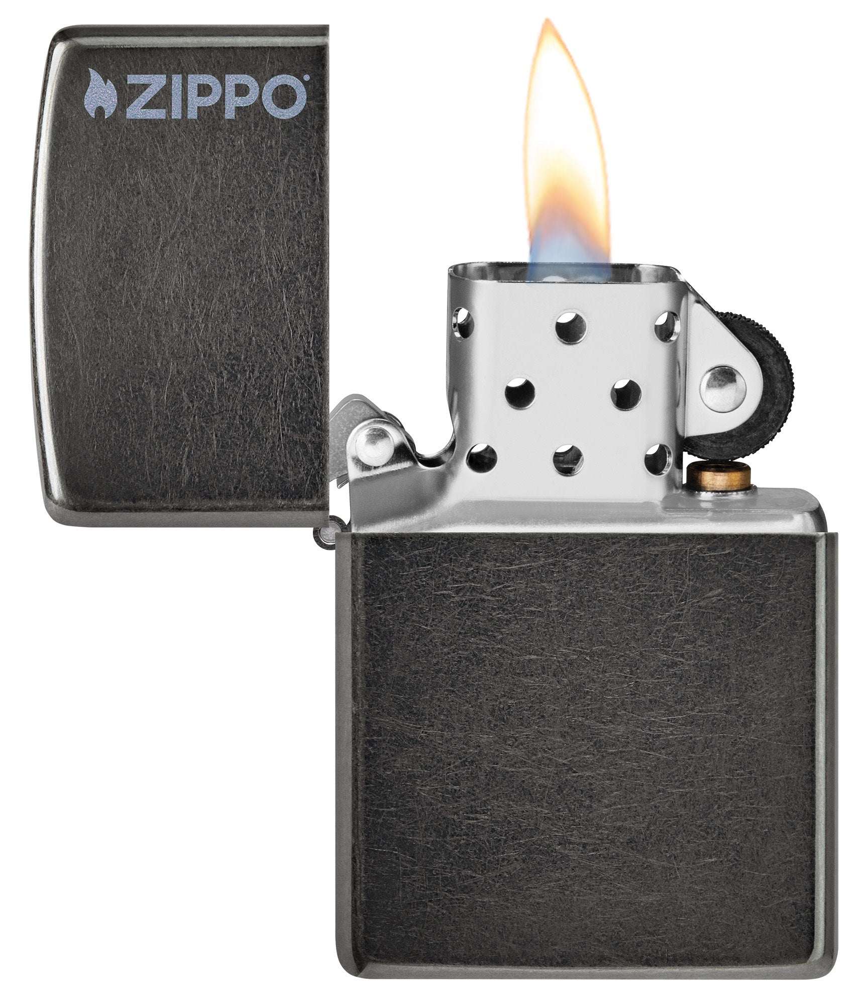 Zippo Classic Grey Zippo Logo Windproof Lighter with its lid open and lit.