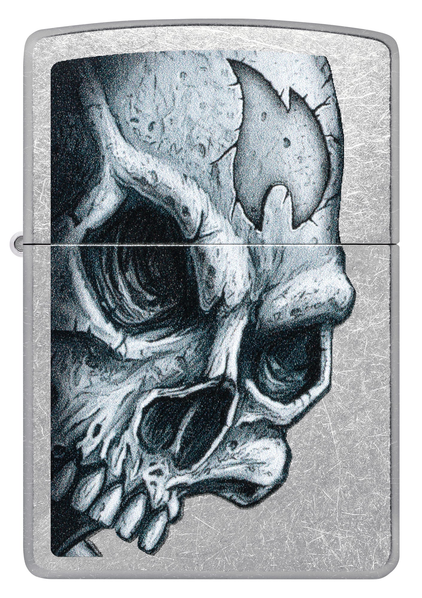 Front view of Zippo Skull and Flame Design Street Chrome Windproof Lighter.