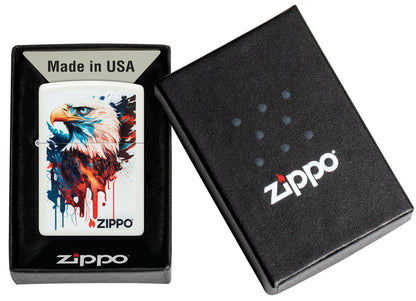 Zippo Painted Eagle Design White Matte Windproof Lighter in its packaging.