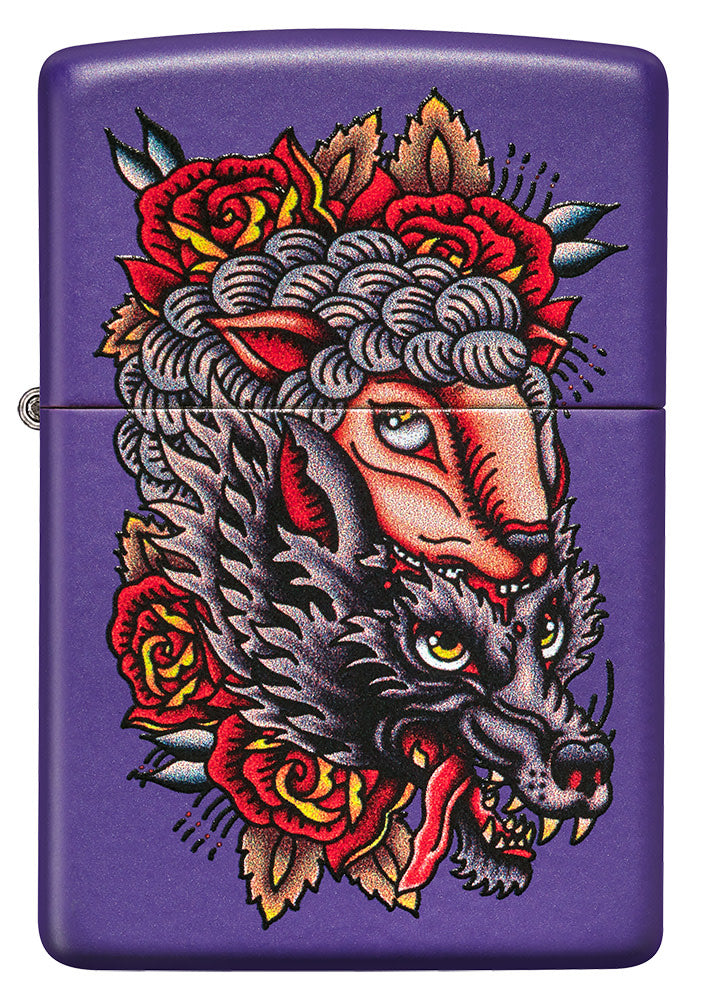 Front of Wolf in Sheep's Clothing Design Purple Matte Windproof Lighter