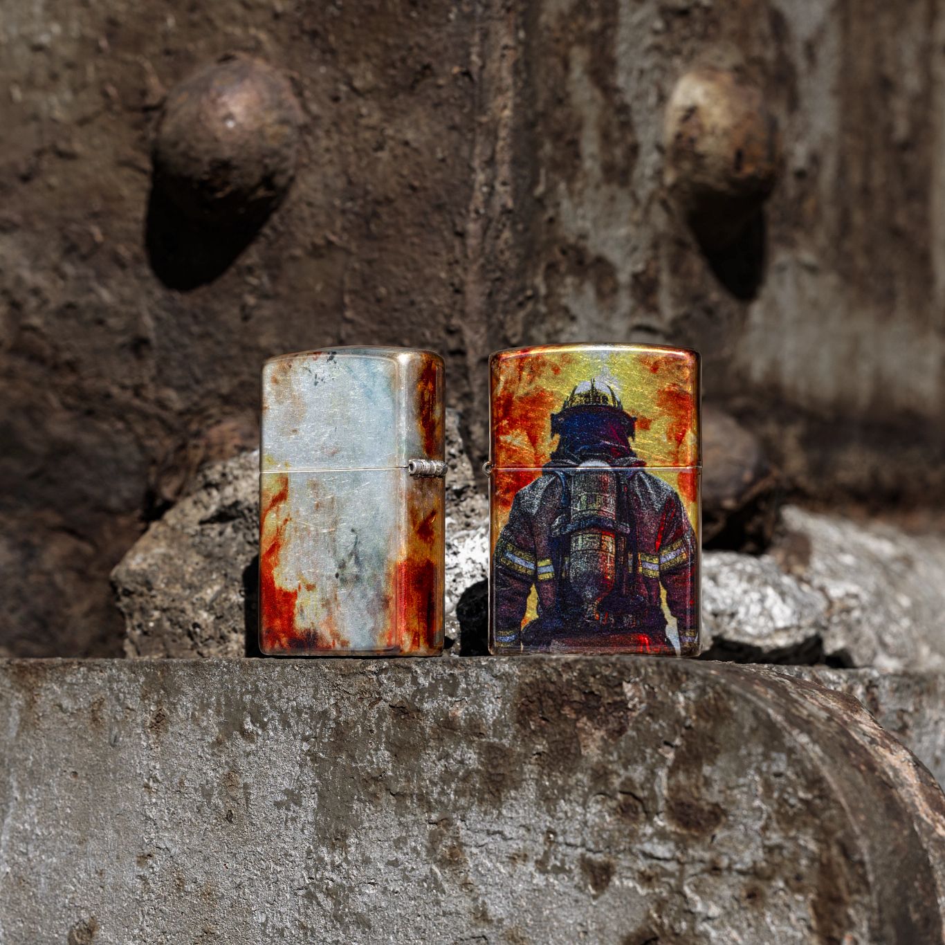 Lifestyle image of two Zippo Firefighter Fusion Design 540 Tumbled Chrome Windproof Lighters; one showing the front of the lighter and the other showing the back and hinge side of the lighter, both standing on weathered structural steel. 

