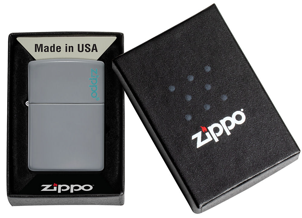 Classic Flat Grey Zippo Logo Windproof Lighter in its packaging