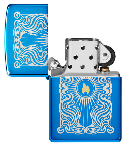 Zippo Fancy Flame Design High Polish Blue Windproof Lighter with its lid open and unlit.