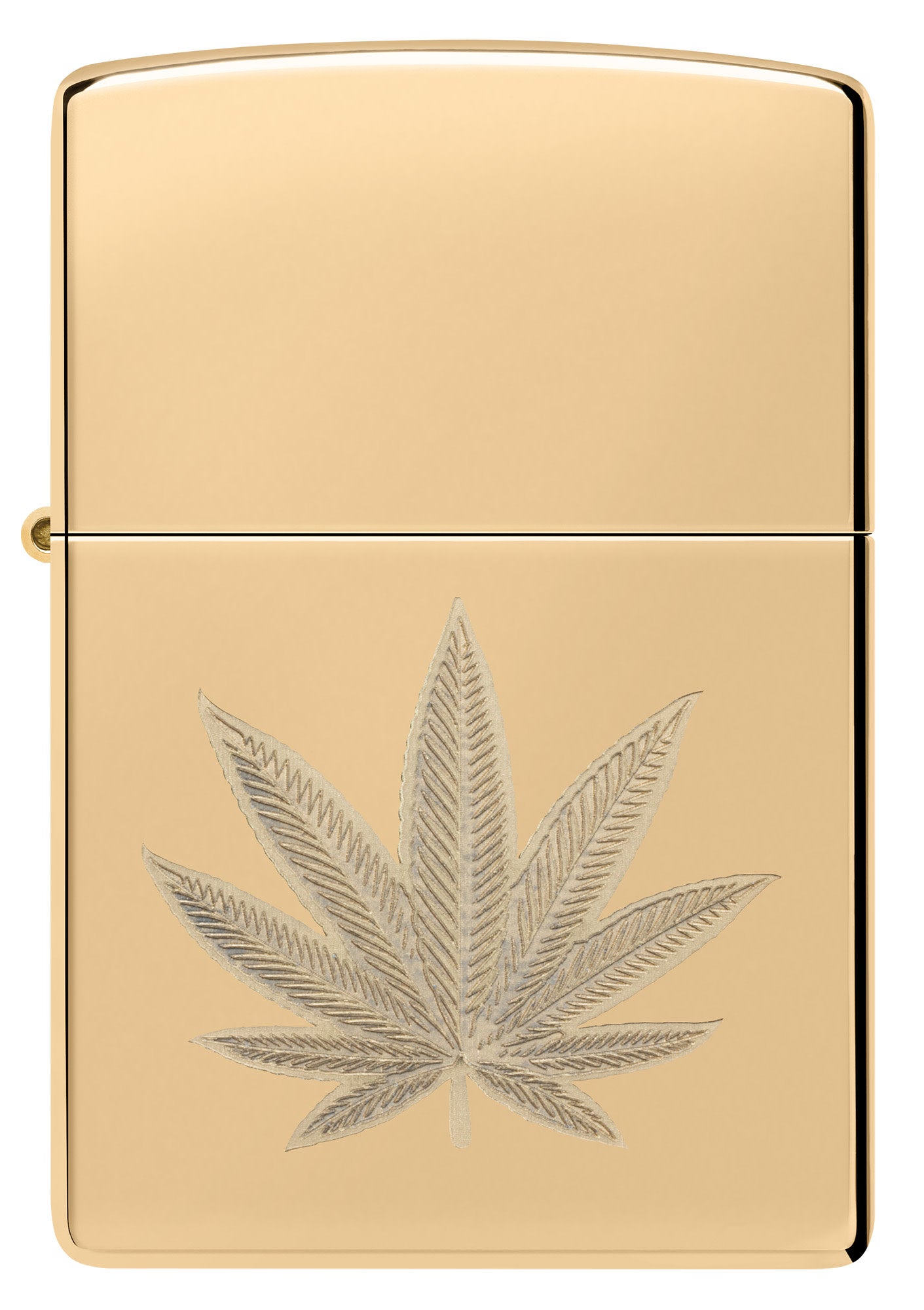 Front view of Zippo Cannabis Leaf Design High Polish Brass Windproof Lighter