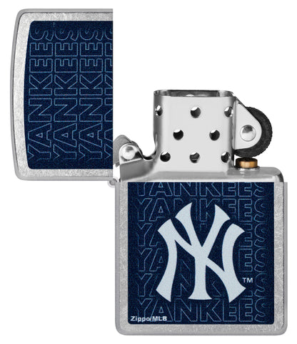 Zippo MLB® New York Yankees Street Chrome Windproof Lighter with its lid open and unlit.