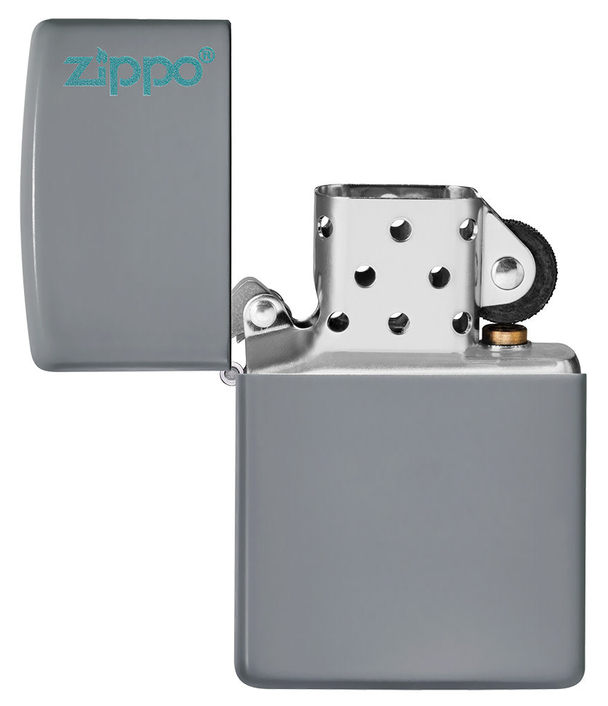 Classic Flat Grey Zippo Logo Windproof Lighter with its lid open and unlit