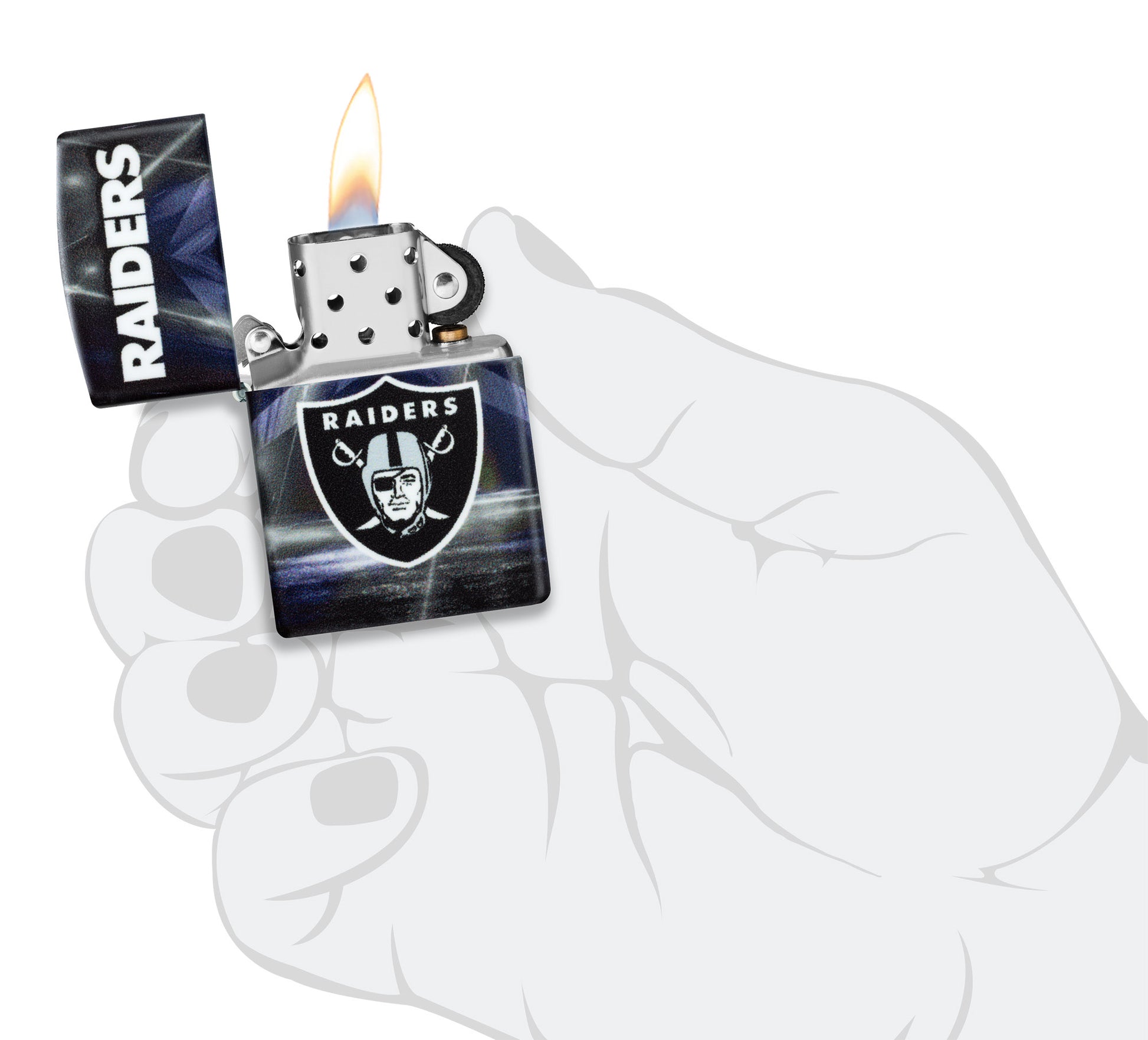 Zippo NFL Las Vegas Raiders 540 Matte Windproof Lighter lit in hand.