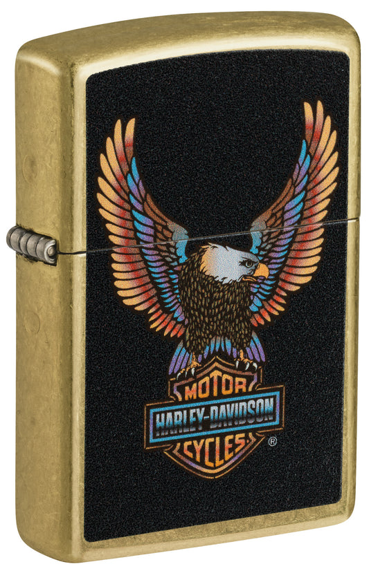 Front shot of Zippo Harley-Davidson® Eagle Street Brass Windproof Lighter standing at a 3/4 angle.