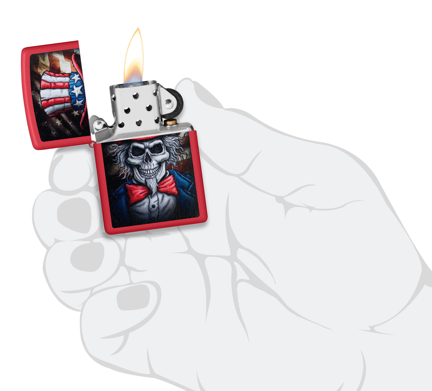 Zippo Uncle Skeleton Design Red Matte Windproof Lighter lit in hand.