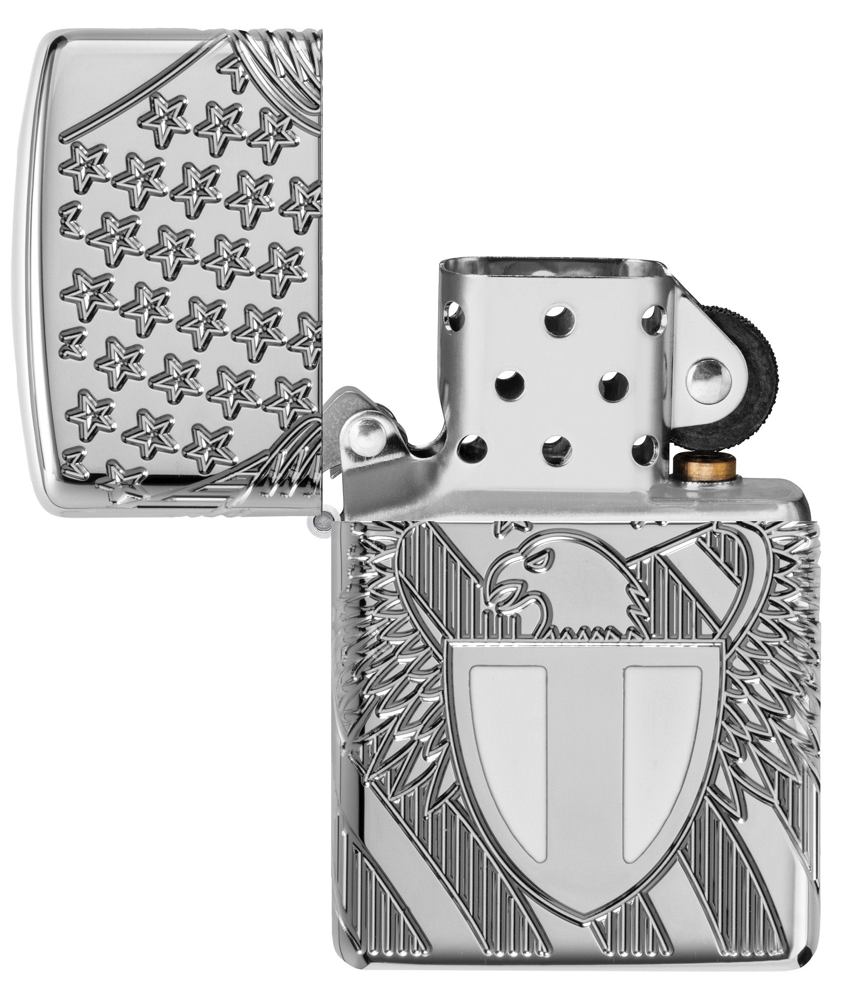 Zippo Liberty Crest Collectible Armor® High Polish Chrome Windproof Lighter with its lid open and unlit.