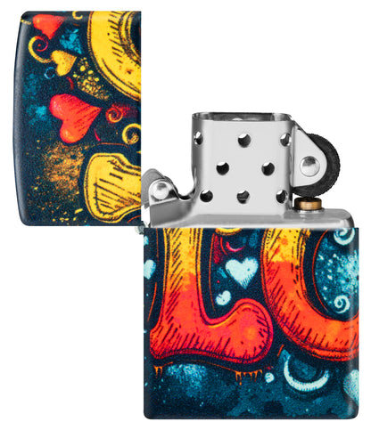 Zippo Love Mural Design 540 Matte Windproof Lighter with its lid open and unlit.