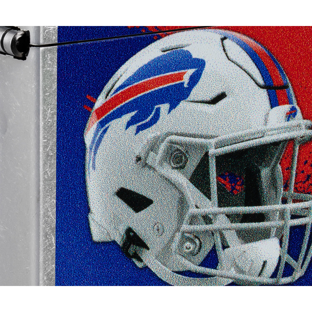 Front view of Zippo NFL Buffalo Bills Helmet Design Street Chrome Windproof Lighter close up to show the detail of the lighter.
