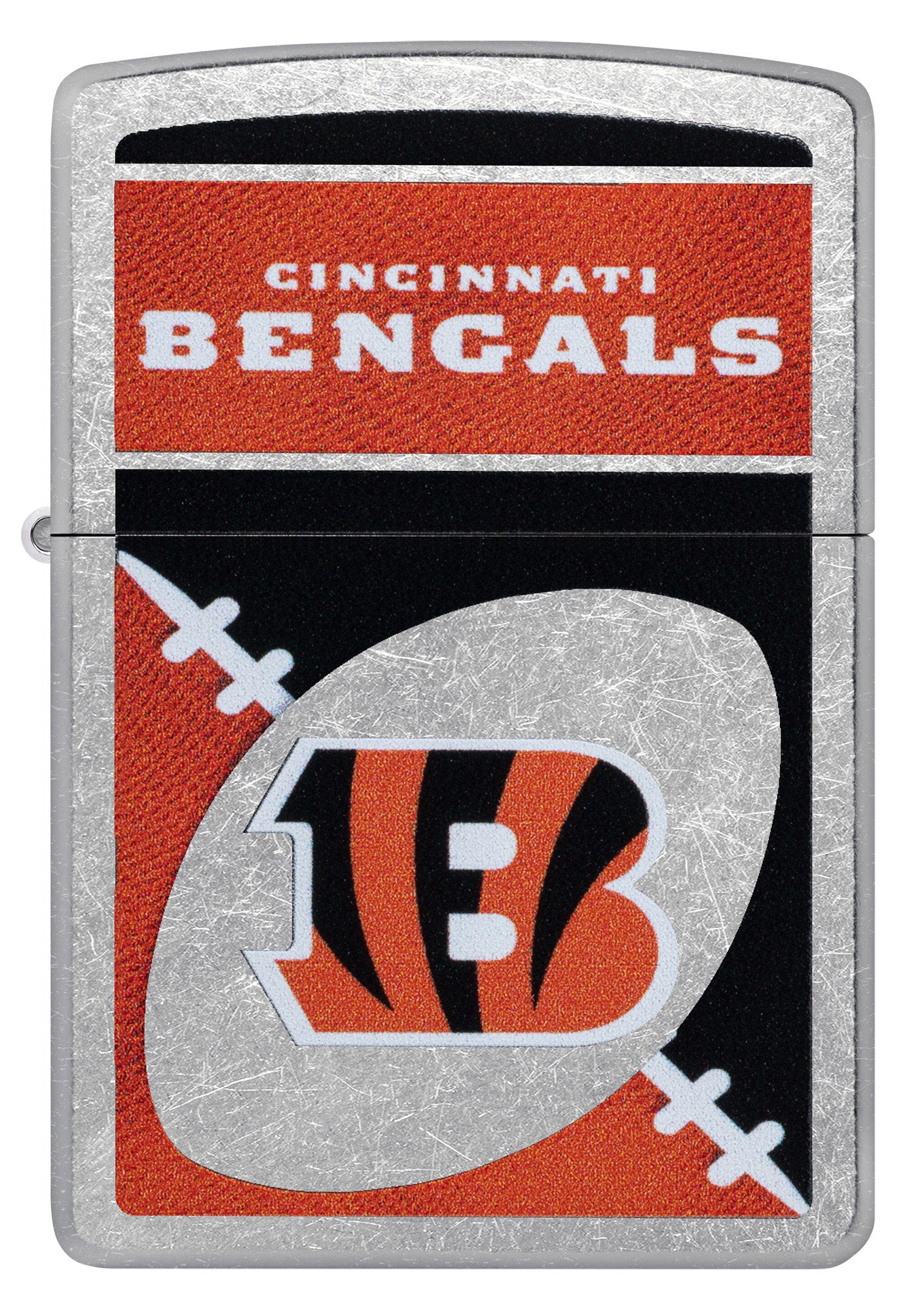 Front view of Zippo NFL Cincinnati Bengals Street Chrome Windproof Lighter.