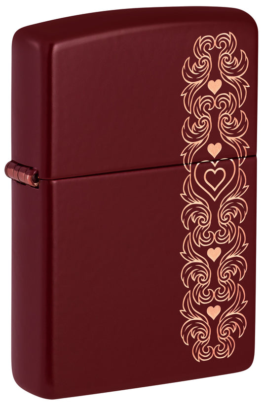 Front shot of Zippo Heart Garland Design Merlot Windproof Lighter standing at a 3/4 angle.