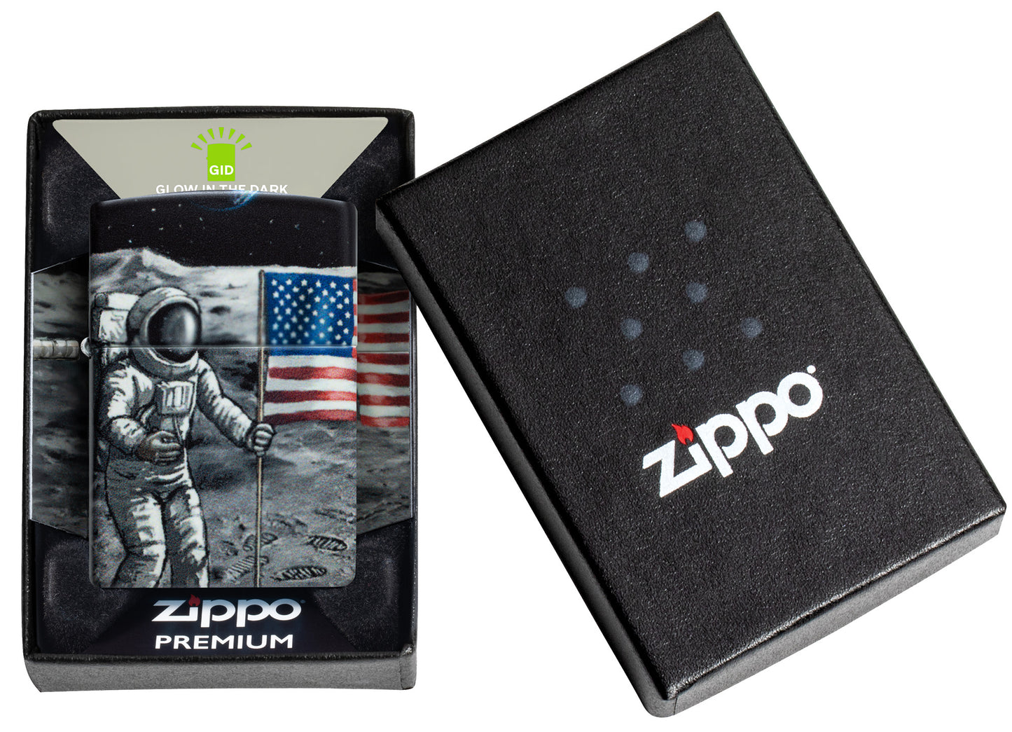 Zippo Moon Landing Design Glow in the Dark Windproof Lighter in its packaging.